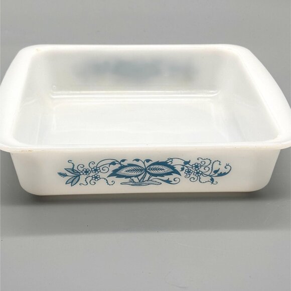 Vintage Glasbake Blue Floral Milk Glass Baking Dish J235 Square Eight Inch - Picture 2 of 7